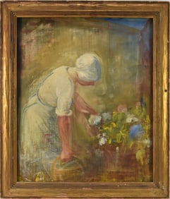 Antique Dutch painting oil on canvas girl with flowers, canvas 24 x 20 inches with a 2-1/2 inch