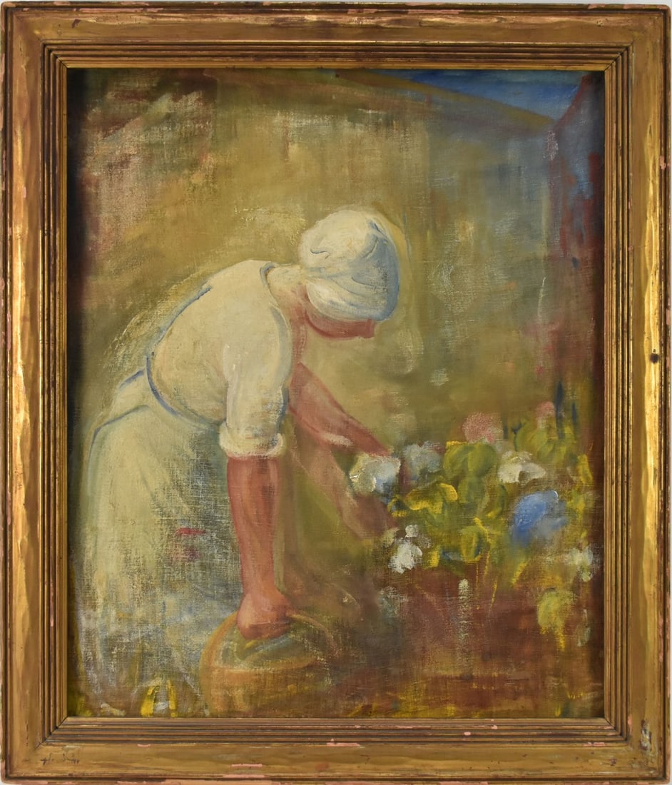 Antique Dutch painting oil on canvas girl with flowers, canvas 24 x 20 inches with a 2-1/2 inch: Antique Dutch painting oil on canvas girl with flowers, canvas 24 x 20 inches with a 2-1/2 inch frame