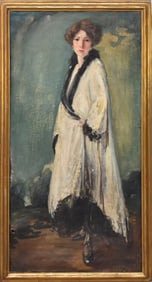 Large antique full length portrait woman and white robe, oil on canvas, painting sizes 60 x 30