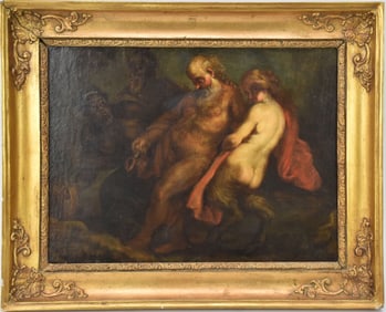 After PETER PAUL RUBENS. Untitled Oil on relined canvas, Mythological scene of nude female figure