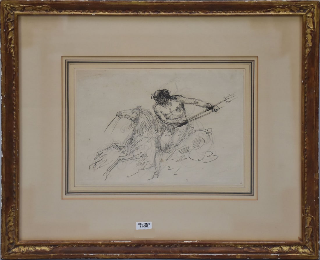 Attributed to: Giuseppe Bernardino BISON (Italian 1762-1844) Neptune Riding a Seahorse- Pen and Ink: Attributed to: Giuseppe Bernardino BISON (Italian 1762-1844) Neptune Riding a Seahorse- Pen and Ink over pencil drawing on paper unsigned, 7-3/4 x 10-3/4 inches. gilt wood frame. Christies Label on re