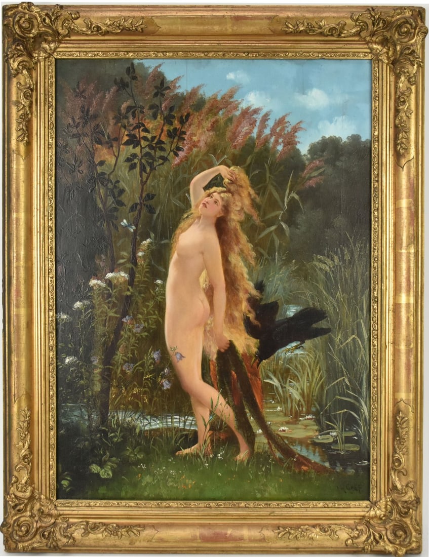 GRÄF Nude with Raven, Oil on panel, Depicts a nude female figure in landscape with raven behind.: GRÄF Nude with Raven, Oil on panel, Depicts a nude female figure in landscape with raven behind. Signed lower right “Graf” H. 22” x W. 16” Framed in a 3” carved giltwood fra