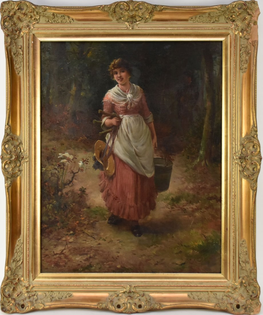 19th Century Italian School Peasant Girl carrying water bucket in wooded landscape, oil on (1 of 8)