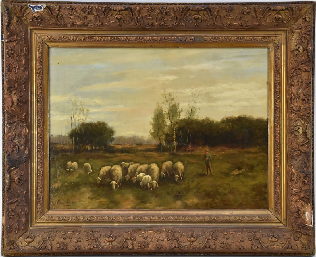 Dutch Landscape with sheep grazing, oil on canvas-relined, signed illegibly A.___Pol ? (1 of 9)