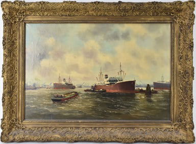 Dutch Port Scene, signed A. Smith, oil on canvas, 16 x 24 inches, overall framed size 21-1/2 x