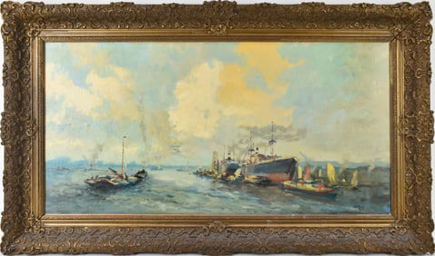 Evert Moll (Dutch 1878 - 1955) oil on canvas, Port of Rotterdam with many ships, 15-3/4 x 31-1/2