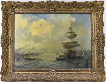 Evert Moll (Dutch 1878 - 1955) oil on canvas, Port with double mast and many ships, 20 x 28 inches,