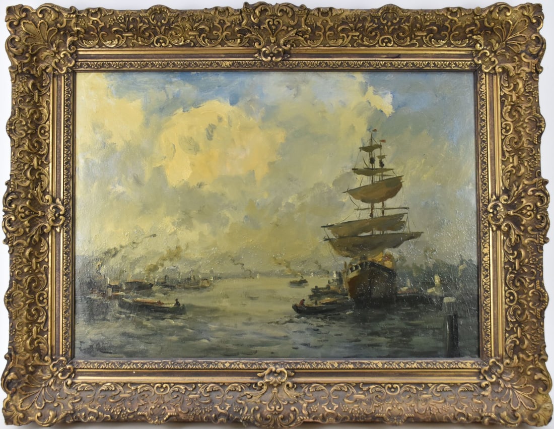 Evert Moll (Dutch 1878 - 1955) oil on canvas, Port with double mast and many ships, 20 x 28 inches, (1 of 7)