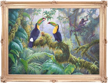 Kim Brooks (British, b.1936) Original oil Painting titled Tropical Dawn, two Keel-Billed Toucans on