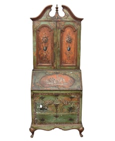 Painted Green Italian Bookcase/Desk with Broken Arch Pediment, c.19th, 76"H x 29"w x 18"d