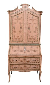 Painted Secretaire/Desk, Broken Arch Pediment Over Arch Paneled Doors, Over Drop Front & Over 2