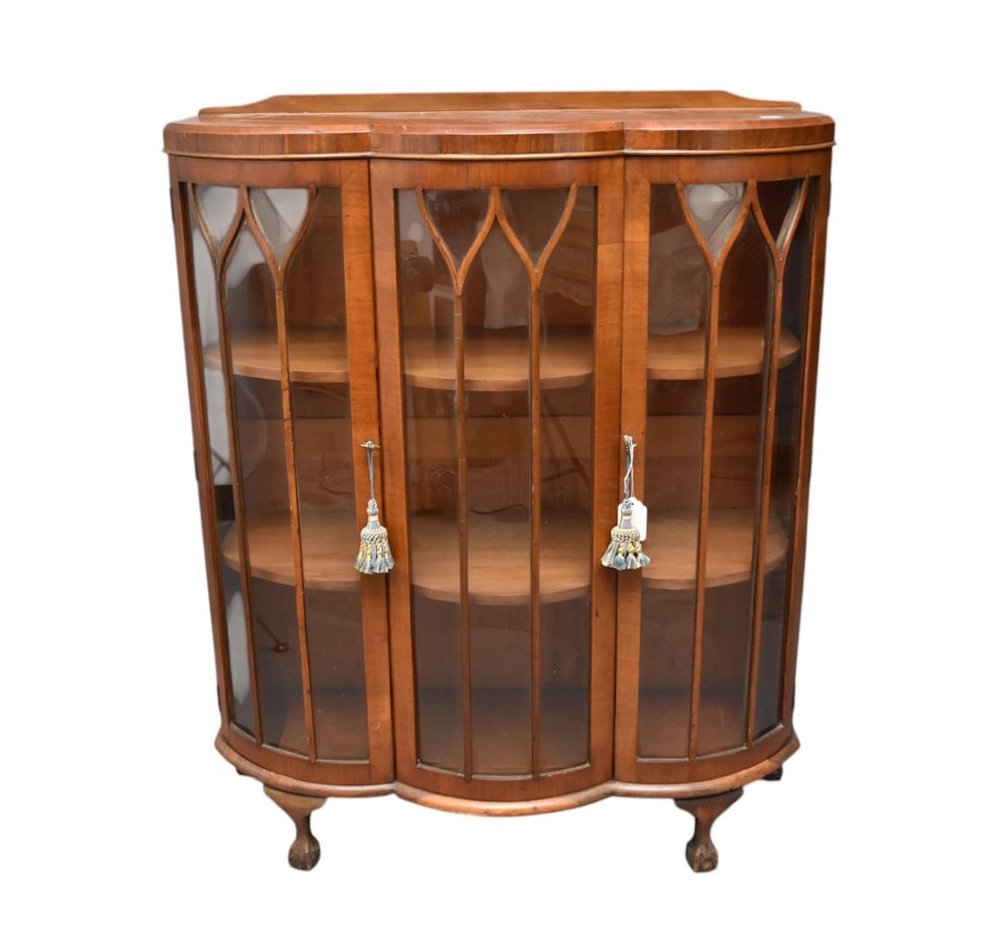 Mahogany Display Cabinet, circa 1920-1940, 3 Bowed Doors, 48"h x 38"w x 14"d: Mahogany Display Cabinet, circa 1920-1940, 3 Bowed Doors, 48"h x 38"w x 14"d***If this item is not picked up by the Friday following the auction, it will be moved to offsite storage and pickup will be