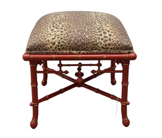 Baker Bamboo Motif Red/Orange Color Stool With Leopard Silk Upholstery, 16"H x 18"w