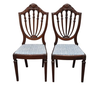 Pair Antique Hepplewhite Side Chairs with Ribbon and Shell Carved Motif, 1 repaired