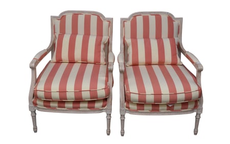 Pair White Wash Frame Armchairs, Salmon & White Stripe