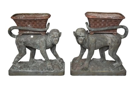 Pair Bronze Monkey Planters with Removable Iron Basket, 28 1/2" x 25 1/4"w
