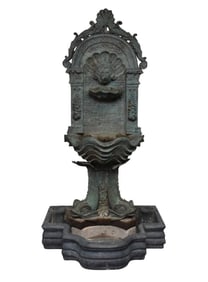 Bronze Fountain, Classical Motif Shell and Leaf over Ornate Arch with Fan and Lion Head where Water