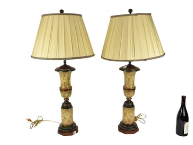 Pair Decorative Lamps, Wood Marbleized Urn Form On Plinths With Shades, 38"h