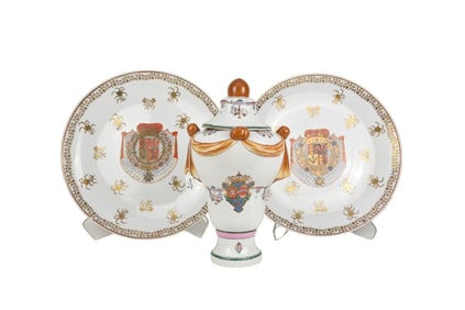 Pair Decorative Armorial Porcelain Chargers, Underside La Maison Au Soleil (18"dia) AND Covered