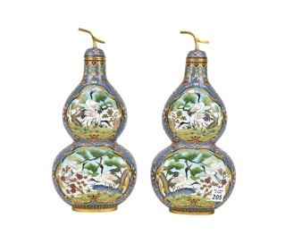 Pair Chinese Cloisonne Double-Gourd Vases - Each vase with cover, Decorated with cloisonne enamels