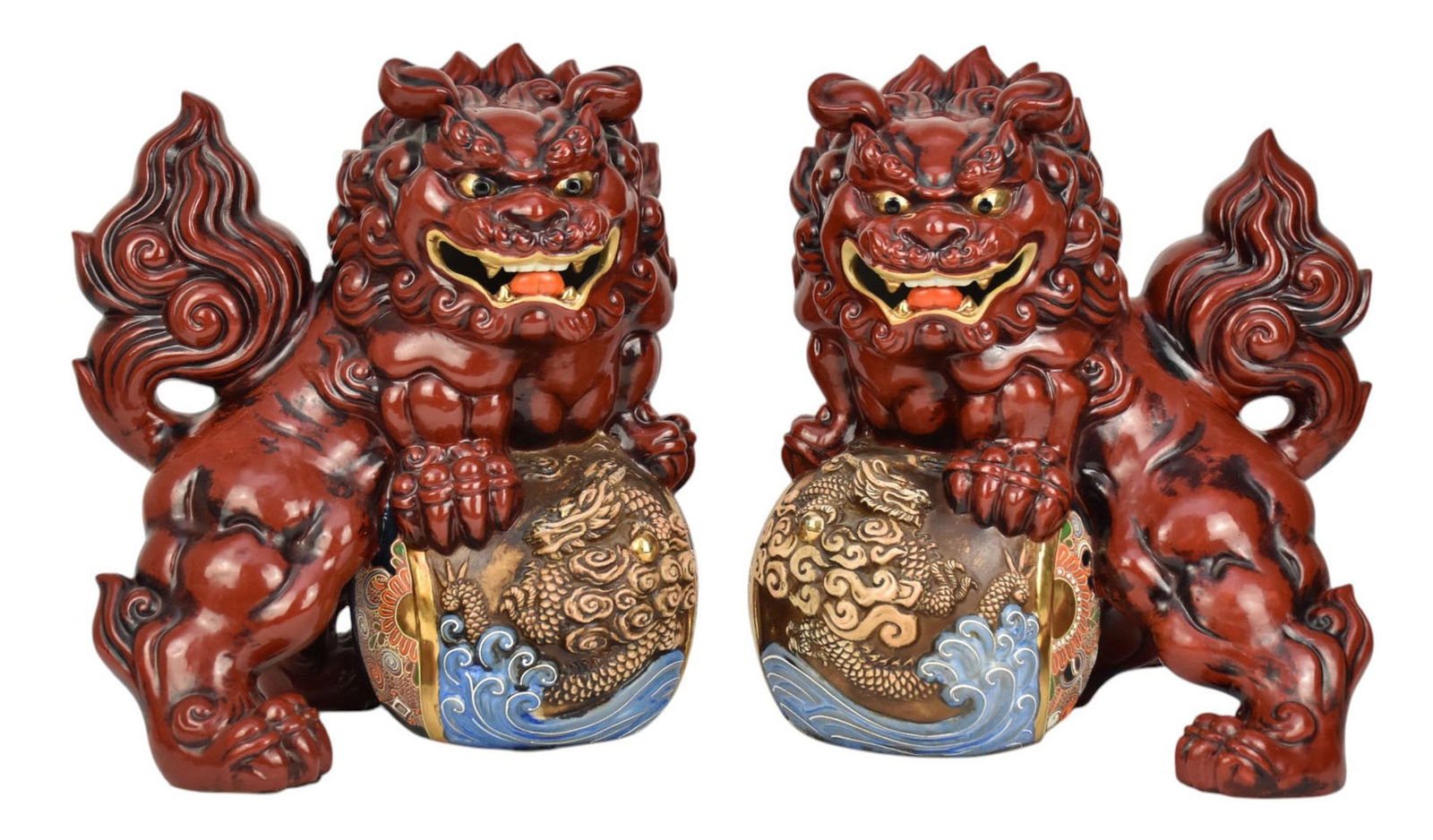 Pair Japanese Foo Dogs, 20th c, Oxblood Color with Satsuma Orbs,  15"h x 11"w (1 of 10)