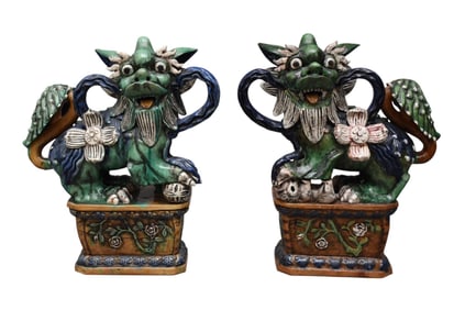 Pair Elaborate Decorated Seated Foo Dogs, Blues & Greens, Very Heavy, 30"h x 23"w
