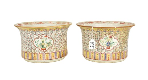 Pair Chinese Export Enameled Porcelain Jardinieres - Each planter with polychrome enameled