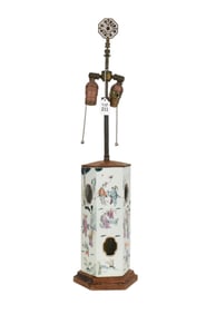 Antique Chinese Famille Rose Porcelain Wig stand, Electrified as Lamp - A hexagonal porcelain