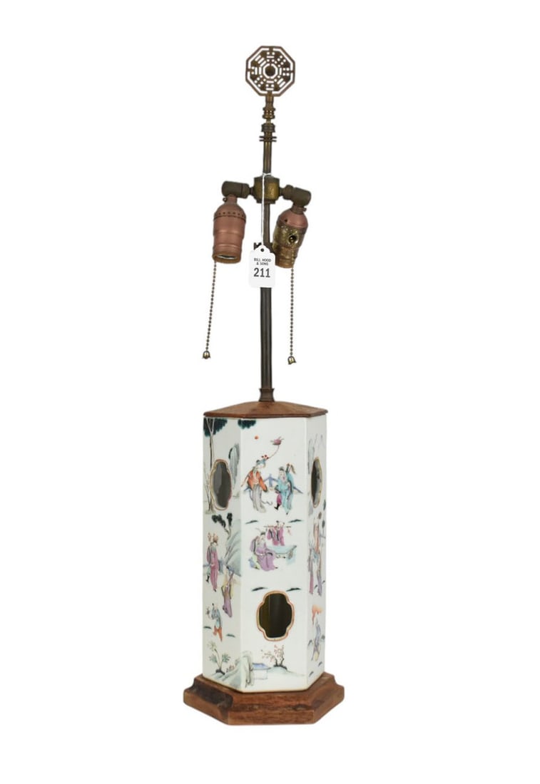 Antique Chinese Famille Rose Porcelain Wig stand, Electrified as Lamp - A hexagonal porcelain (1 of 9)