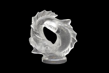 Lalique France Crystal Double Fish Sculpture - A clear and frosted crystal sculpture depicting two