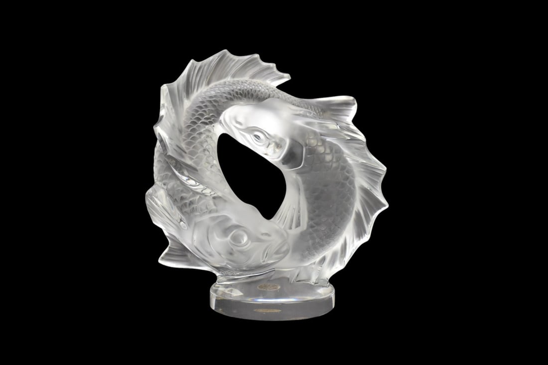 Lalique France Crystal Double Fish Sculpture - A clear and frosted crystal sculpture depicting two (1 of 10)