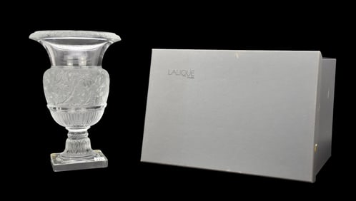 Lalique France Crystal "Versailles" Vase - A clear and frosted crystal urn with grape leaf and vine