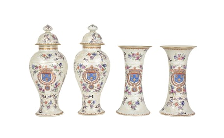 Two Pairs Samson Chinese Export Style Armorial Urns & Vases - French. A pair of Edme Samson enameled