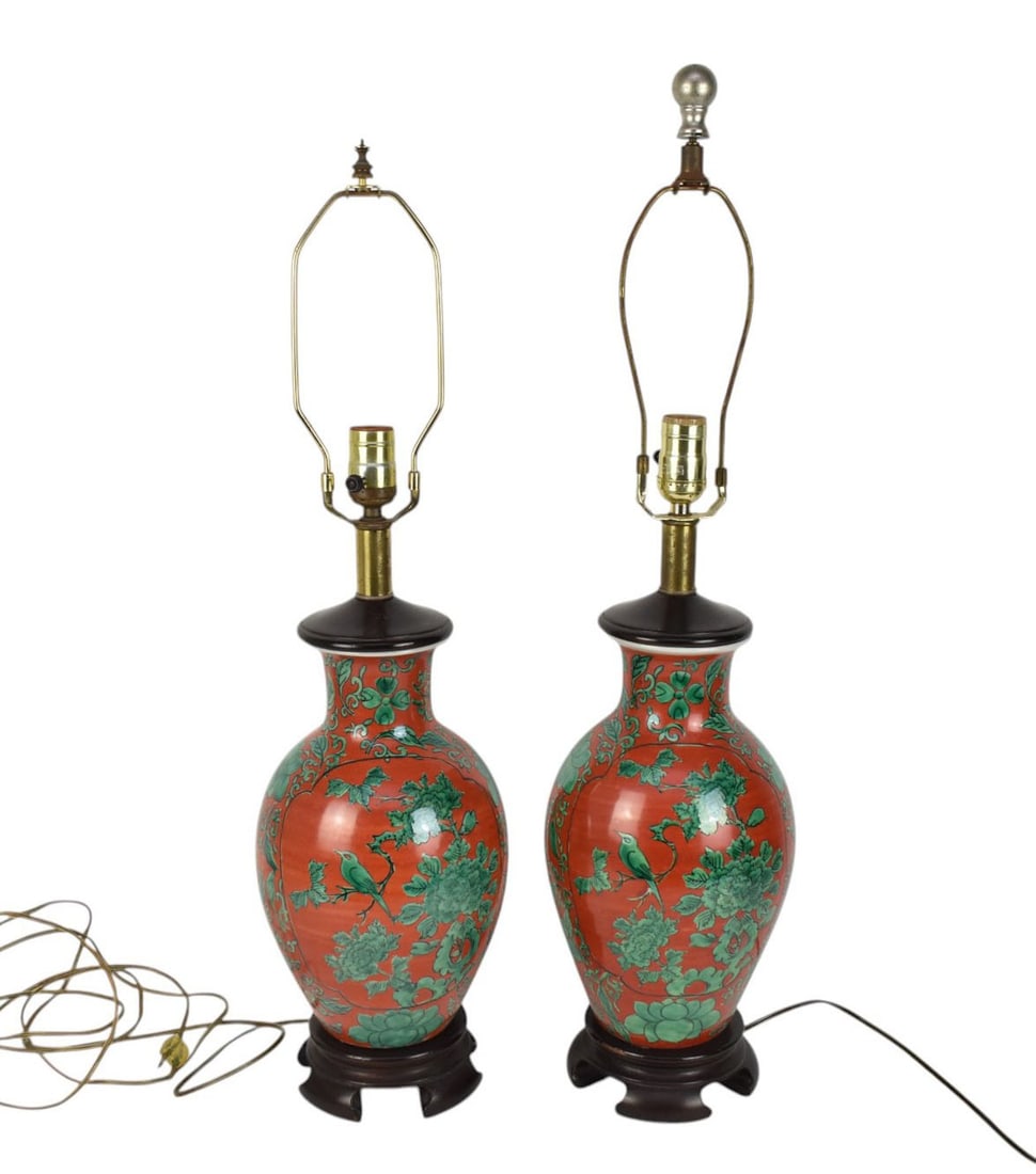 Pr. Vase Form Lamps, Green Birds, Branches and Flowers on Red Ground, 22"h to Top of Finial (1 of 4)