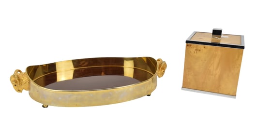 Large Gilded Oval Serving Tray Ram Head Handles and Mahogany Surface