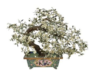 Cloisonne Planter with Jade Type Tree, 22"h x 25"w