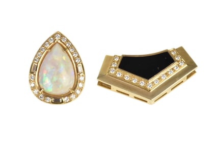 2 - 14K Yellow Gold Slider Charms.  Opal with diamond accents 1.75" x 1"  and Onyx with diamond