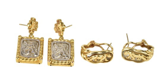 2 - 14K Yellow Gold Earrings Panther and Lion. Wt. 16.3 grams Lion earrings 1.5" x .75" Panther