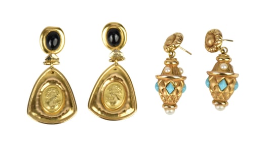 14K & 18K Yellow Gold Earrings. 1.75" - 2"  wt. 17.4 grams. 14K earrings with turquoise and pearls