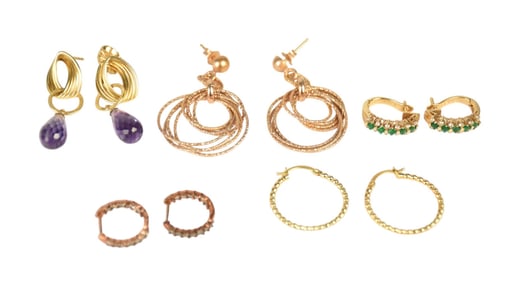14K Yellow Gold Earring Lot. 5 pairs of earrings. Size .5" - 1.75" wt. 25 grams