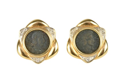 14K Yellow Gold  Ancient roman Coin Earrings.  Diamond Accents size 1" wt. 19.1 grams
