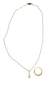 14K Yellow Gold Necklace, Pendant & Ring. Necklace 18", Diamond Pendant pear shape diamond .75 VS2 G