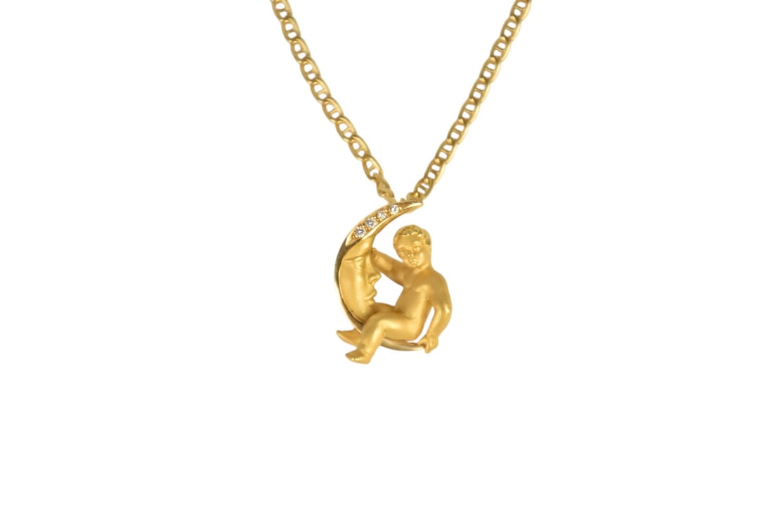 Carrera Y Carrera Diamond 18K Yellow Gold Moon Child Pendant Chain Necklace. 18" Necklace Pendant (1 of 4)