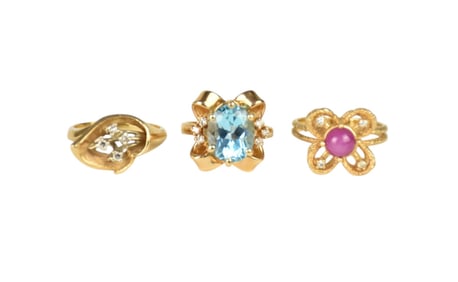 3 - 14K Yellow Gold Rings. Size 5.25 - 6  Blue Topaz with diamond accents, Star Ruby with diamond