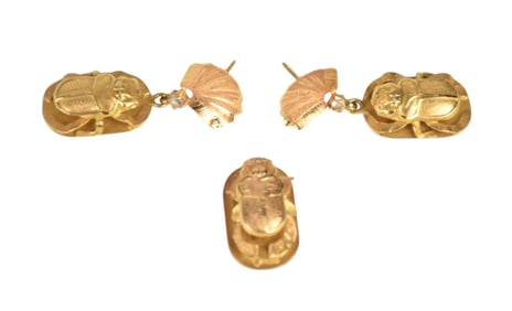 18K Yellow Gold Scarab Earrings & Pendant. Earrings 1.5"  & Pendant .75" wt. 10.8 grams, missing