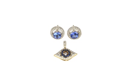 14k Yellow  & White Gold Earrings and Pendant. Wt. 7 grams Evil Eye Pendant .75" and Tanzanite