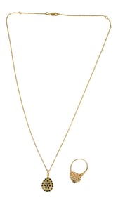 14K Yellow Gold Sapphire Necklace & Ring. Necklace 18" with Sapphire pendant .75", Sapphire ring
