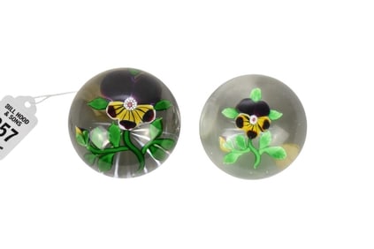Two Antique BACCARAT Pansy Paperweights - France, c. 19th century, both unsigned, each featuring a