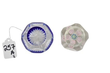 Two BACCARAT Paperweights - Two Baccarat France crystal paperweights. Comprising: A) Millefiori