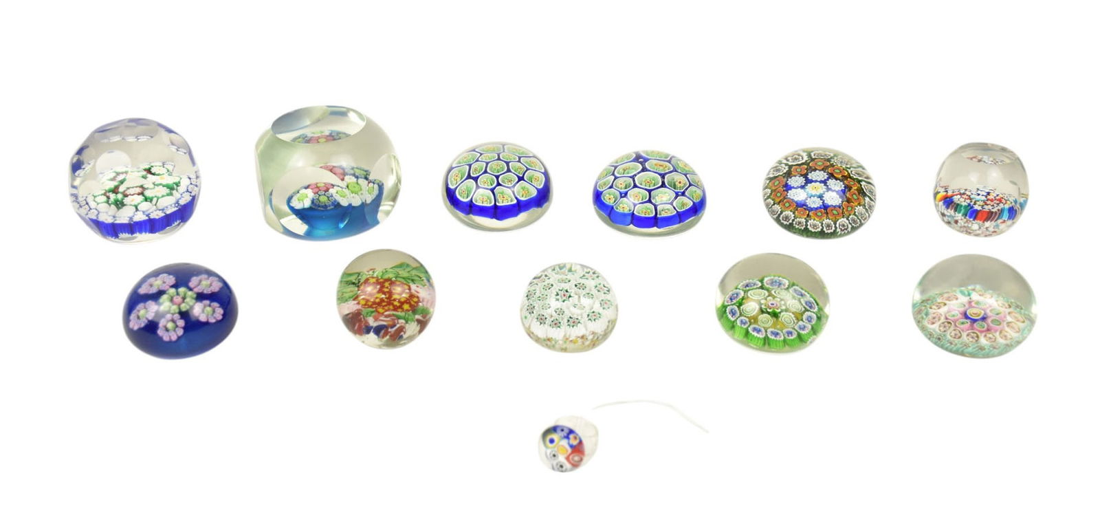 Collection of Millefiori Paperweights & Ring - A collection of 11 glass and crystal paperweights and: Collection of Millefiori Paperweights & Ring - A collection of 11 glass and crystal paperweights and a glass ring, all with millefiori canes. None of the pieces are visibly signed. Some may be PERTHSH